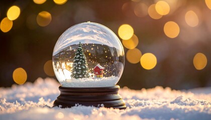 Winter scene inside a glass globe with a small house and tree surrounded by snow and festive lights in the background