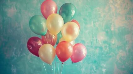 Pastel balloons in the sky provide a light and airy backdrop for festive cards and wedding collages.