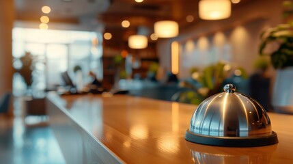 The stylish interior with a tray at the hotel reception desk exudes cosiness and luxury, serving as an exquisite backdrop for advertising hotels and services.