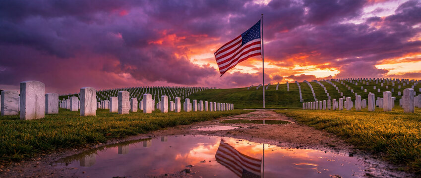 Sunset over cemetery with American flag and tombstones - Powered by Adobe