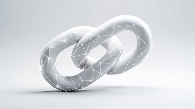 Two interlocked white torus-shaped rings overlaid with geometric mesh of lines and nodes on light gray gradient background, symbolizing digital connectivity, blockchain structure, and abstract network