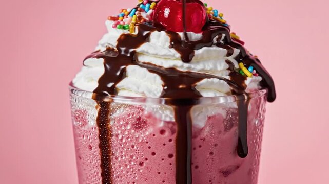 A vibrant, indulgent pink dessert beverage takes center stage, generously topped with a swirl of fluffy white whipped cream. Rich, dark chocolate syrup drips enticingly down the sides of the clear gla