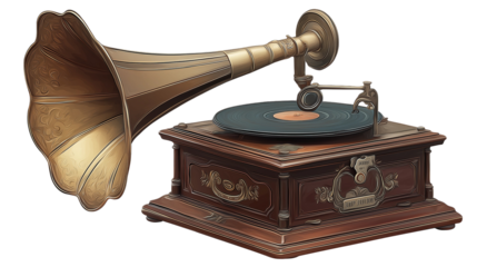 Antique phonograph with large brass horn and wooden cabinet playing a vinyl record