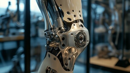 A mechanical knee prosthesis with titanium parts will serve as a visual backdrop for articles on medical innovations or rehabilitation.
