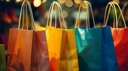 Bright, colourful bags on hooks create a festive mood and are ideal as a vibrant backdrop for advertising sales.