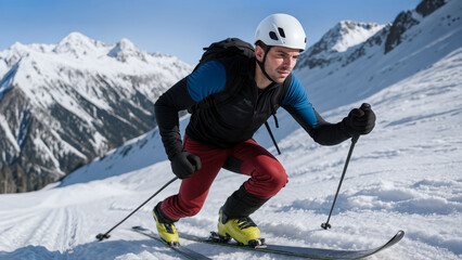 Naklejka premium Focused ski mountaineer pushing uphill across steep bright snow ridge. Concept of wearables for ascent monitoring, extreme lifestyle visuals and rugged winter automobile capability marketing.