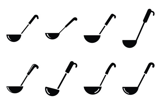 Set of Minimalist black wok ladle kitchen tool silhouette icon set