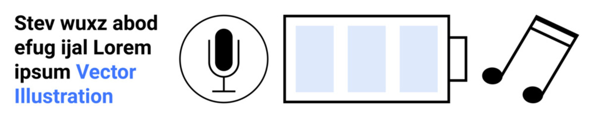 Audio recording, sound creation, energy management, music production, podcasting, media tools. A microphone, battery icon and music notes. Audio recording and sound creation concept
