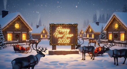 Festive reindeer and glowing sign welcome the new year 2026 at a cozy snow covered winter village scene