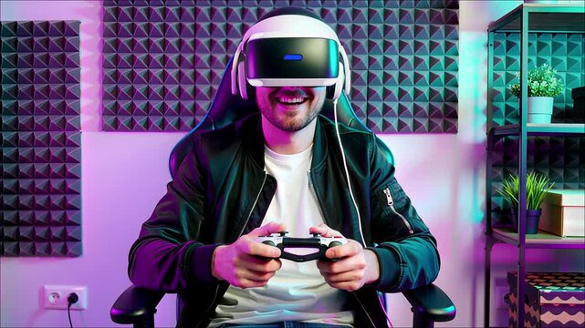 Smiling man wearing virtual reality headset plays video game holding a controller