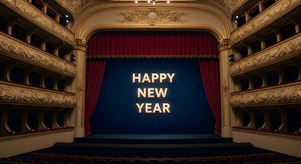 Grand opera house stage with red curtains opening to reveal glowing happy new year message against a starry background