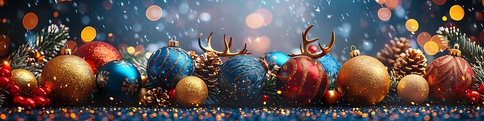 Panoramic Christmas Ornaments and Pinecones Decor with Bokeh Lights