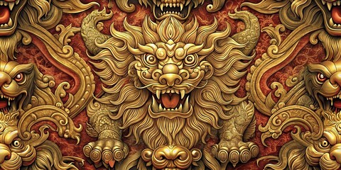 Golden chinese foo dog or shishi lion ornate sculpture detailed relief carving mythical guardian animal
