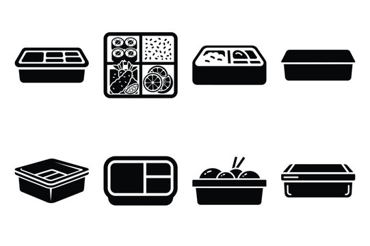 Set of Minimalist black bento box kitchen tool silhouette icon set