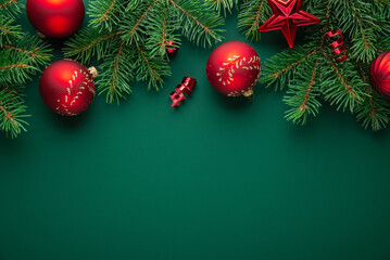 Christmas background with xmas tree, Christmas red ornament on green background. Merry Christmas greeting card. Winter holiday theme. Happy New Year. Xmas decoration