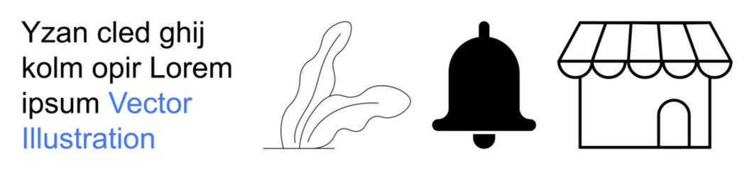 Notifications, online shopping, retail services, nature concepts, minimalism, user interface. Bell, seaweed and storefront symbols in simple black and white style. Notifications and shopping