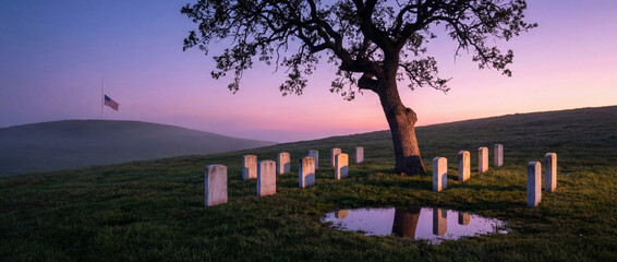 Sunset over gravestones by a tree and a flag