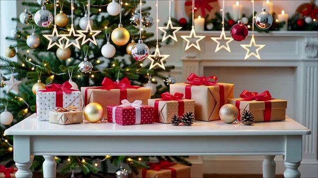 Assortment of wrapped Christmas presents with festive ornaments and lights near a decorated tree