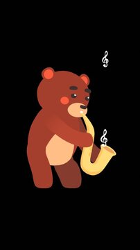 Cute 2D Animation of Teddy Bear Playing on Saxophone Musical Instrument. Video with alpha channel, transparent background