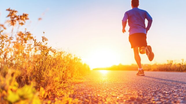 Runner on path during sunrise with orange sky and flowers nearby - Powered by Adobe