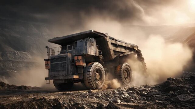 Heavy dump truck in dusty open-pit mining site