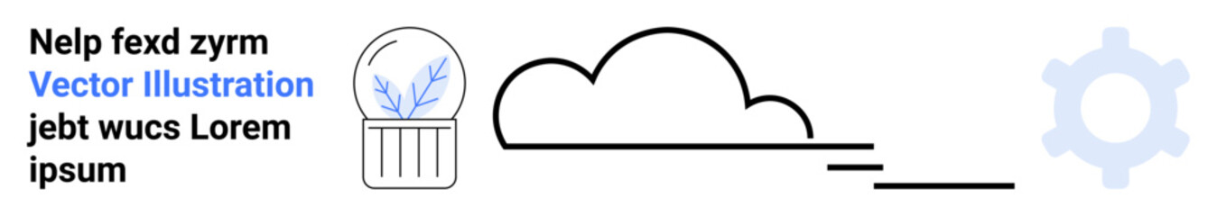 Technology, creativity, digital innovation, automation, conceptual design, cloud computing. Glass dome and gear with cloud illustration and text element. Creativity and technology visually