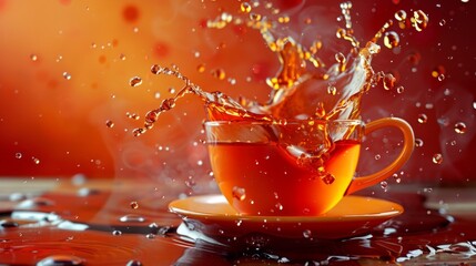 The dynamic splash of hot liquid from the cup creates an explosion effect on a bright orange background, ideal for advertising energy drinks or as an atmospheric backdrop in creative presentations.