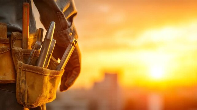 Construction toolbelt with sunset background