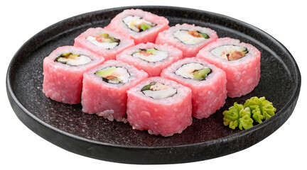 fresh pink maki sushi on a black plate