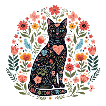 A beautiful black cat with intricate floral folk art patterns sitting gracefully inside a colorful flower wreath.