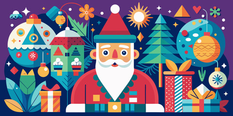 A vibrant and modern Christmas-themed illustration featuring abstract designs of Santa Claus, Christmas ornaments, and festive trees. 