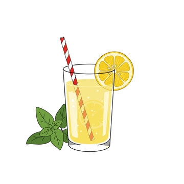 A refreshing glass of lemonade with a red and white striped straw a lemon slice and fresh mint leaves.