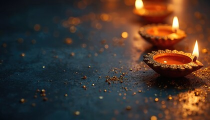 Elegant Diwali lamps shine on dark background. Lit diyas arranged for festive greeting card. Traditional holiday concept with focus on light and celebration. Golden sparkles enhance the ambiance.