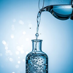 A clean, high-speed shot of liquid filling a bottle from a beaker, highlighting purity and a blue color palette