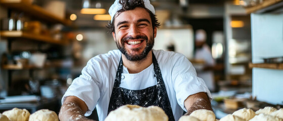A smiling chef holding baked goods embodies the joy of culinary creativity and is the perfect atmospheric backdrop for advertising bakeries or cooking classes.