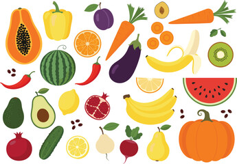 Colorful mixed fruit and vegetable vector collection featuring papaya, bananas, peppers, pumpkin, avocado, kiwi, watermelon, carrot, and pomegranate.