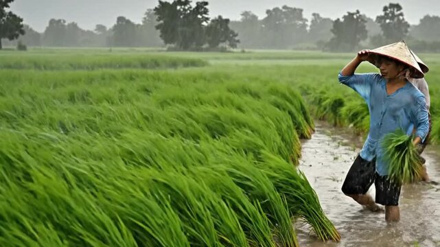 A wide shot captures individuals diligently working in a vibrant green paddy field under overcast skies, possibly amidst light rain. One person, wearing a traditional conical hat, is seen actively spl