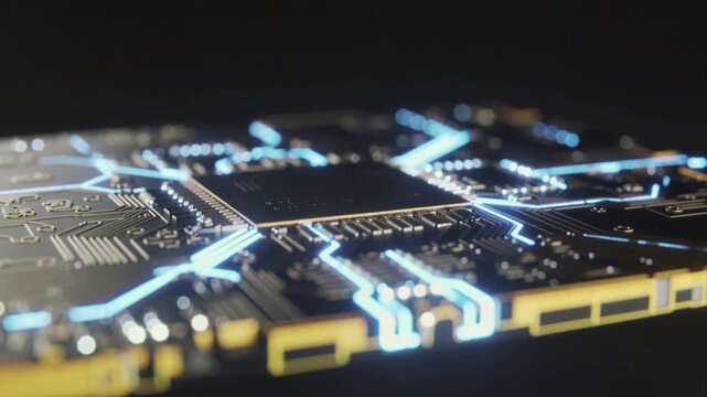 Ultra-macro cinematic glide over a futuristic microchip, revealing glowing blue data pathways pulsing through intricate gold and silver circuitry in a dark high-tech void.