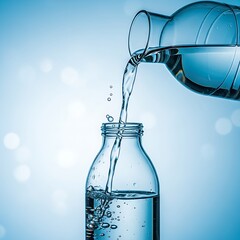 Dynamic close-up of pure water pouring between two glass vessels, symbolizing hydration and scientific testing.