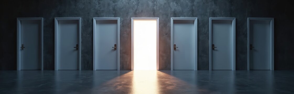 Person faces multiple closed doors with one open door emitting bright light. This represents choice or opportunity. Individual must decide which path to take. Decision making future success hope.