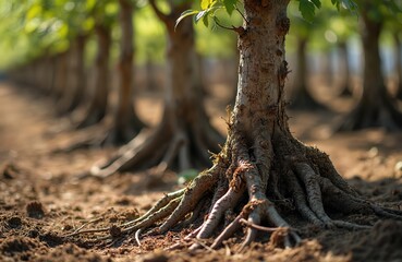 Obraz premium Young fruit tree saplings with exposed root systems stand in a row on dry soil in bright daylight. Focus on gnarled roots and bark texture of one tree. Healthy plant growth concept.