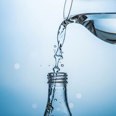 Clear, pristine water being poured from a glass carafe into a bottle, set against a bright blue bokeh background