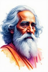 A contemplative portrait of an ancient wise man with a long white beard and flowing hair