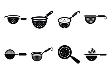 Set of Minimalist black herb strainer kitchen tool silhouette icon set © subhadrarani