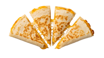 Four slices of cheesy quesadilla cut and arranged on transparent background isolated on white