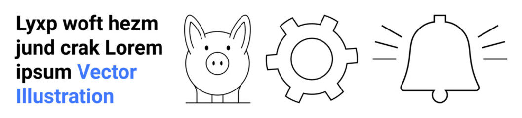 Piggy bank, gear, and bell with sound lines representing saving, configuration, and alert systems. Ideal for finance, technology, settings, notifications savings alerts simple landing page