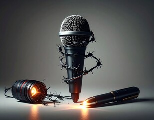 A modern microphone wrapped in barbed wire, placed on a surface with a camera lens and a pen, symbolizing restricted freedom of speech and press censorship.