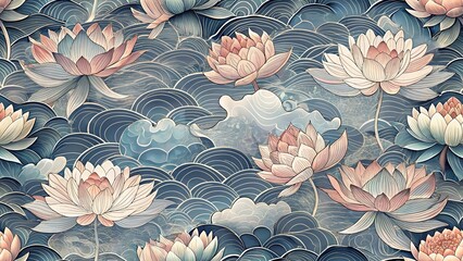 Traditional oriental style seamless pattern with blooming lotus flowers among dark blue stylized waves and clouds