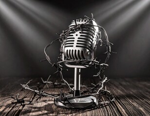 A metallic vintage microphone is illuminated by a spotlight, with surrounding barbed wire suggesting conflict, danger, or suppressed reporting.