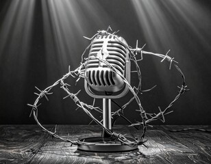 A dramatic, spotlighted view of a vintage microphone wrapped in barbed wire, reinforcing the theme of silenced or suppressed media.